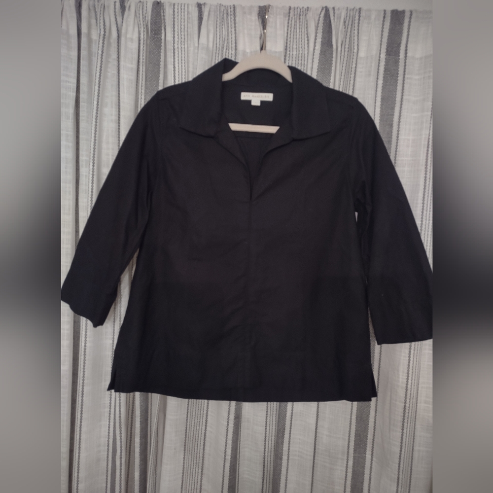 ANN MASHBURN Black Collared Three-Quarter Sleeve Top